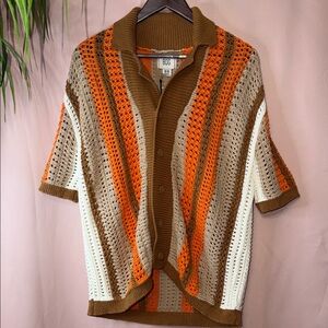 BDG Open-Stitch Cropped Cardigan in Brown, Orange, Cream